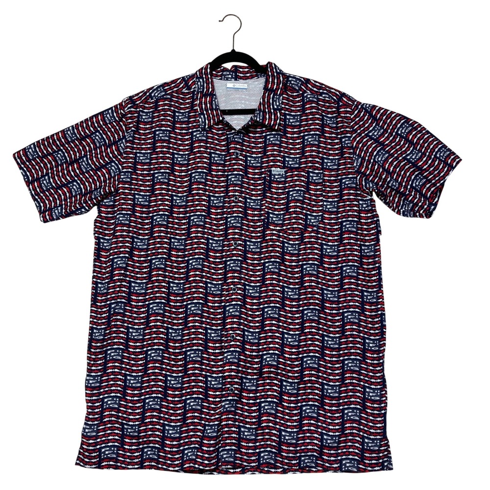 Columbia PFG Mens XLT Shirt American Flag Fish Print Navy Red Short Sleeve Tall